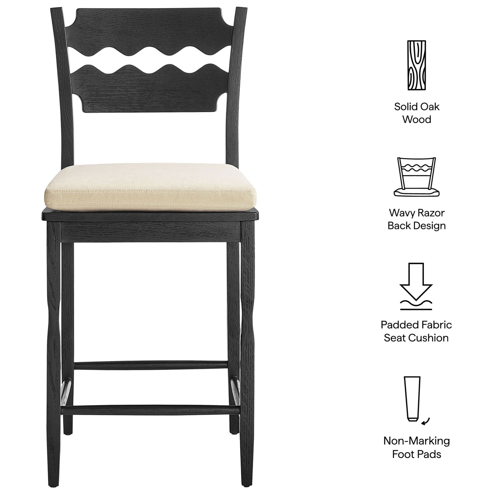Key features: solid oak construction, wavy razor-back, padded seat, and non-marking foot pads || EEI-7518-BLK-LIN || callout_studio