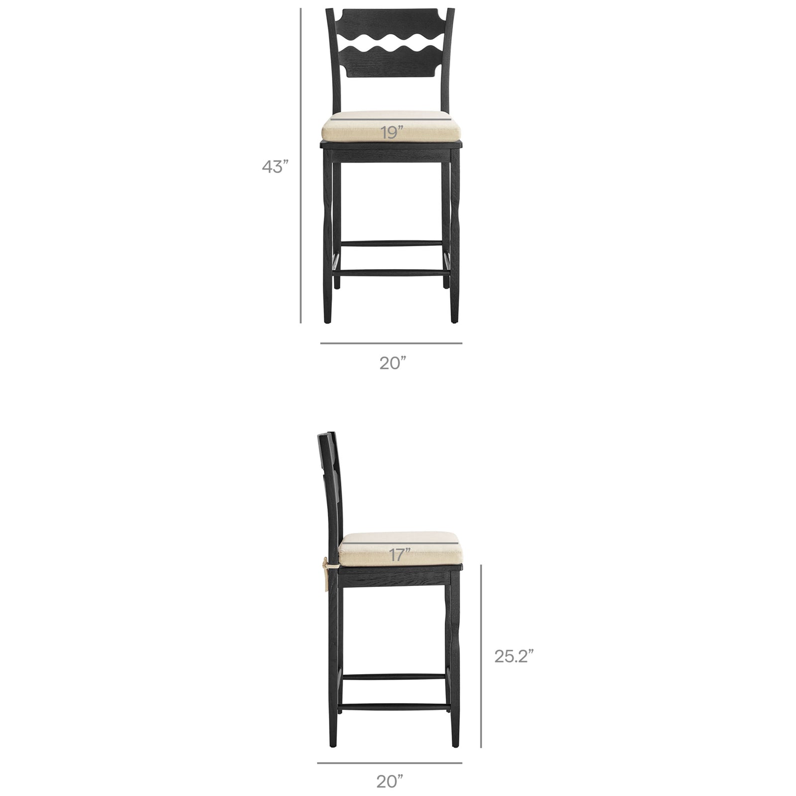 Sized for comfortable counter-height seating with supportive back and stable stretcher base || EEI-7518-BLK-LIN || dimension_studio