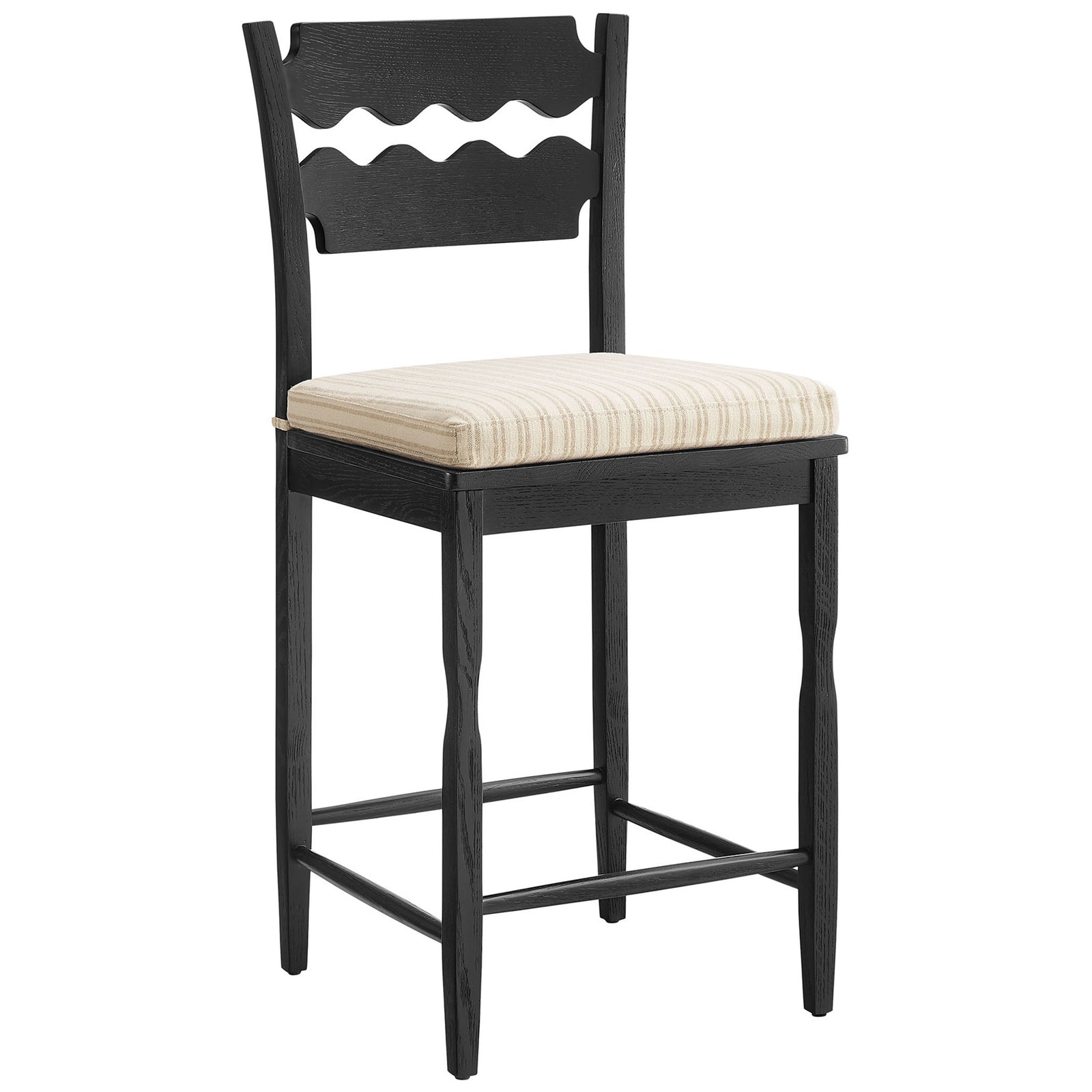 Sculpted oak frame shows the wavy back slats and supportive footrest with striped cushion. || EEI-7518-BLK-OAS || front_angle_studio