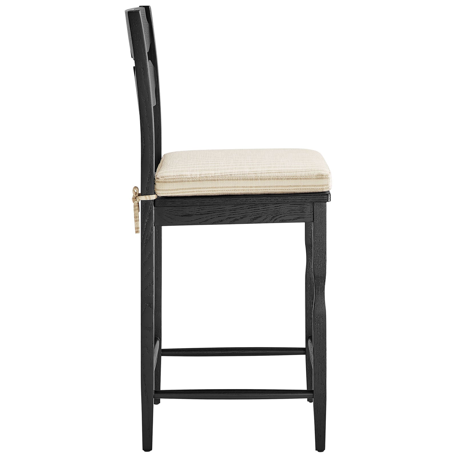 Slim profile highlights the contoured back and thick, tie-on striped seat cushion. || EEI-7518-BLK-OAS || side_studio