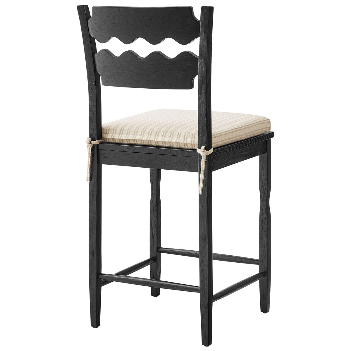 Curved wavy back and knotted cushion ties add charm to the black oak frame. || EEI-7518-BLK-OAS || back_angle_studio