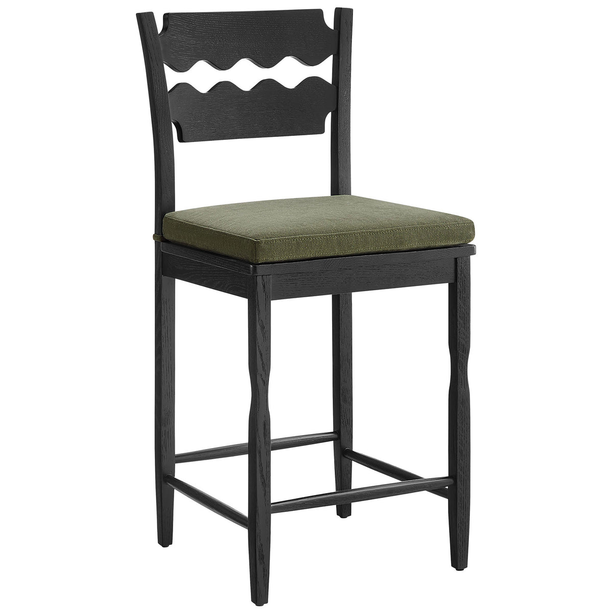 Sculpted black oak counter stool with twin wave-slat back and tie-on sage fabric seat || EEI-7518-BLK-SGE || front_angle_studio