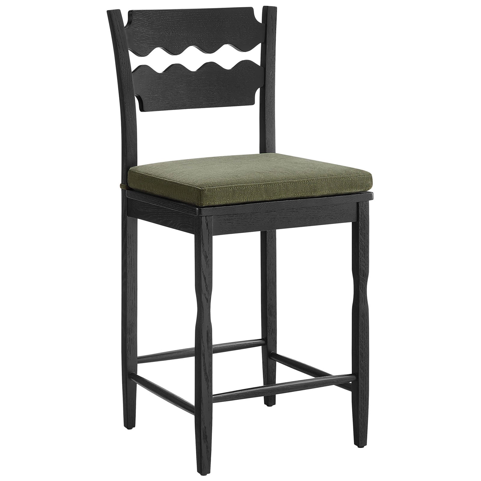 Sculpted black oak counter stool with twin wave-slat back and tie-on sage fabric seat || EEI-7518-BLK-SGE || front_angle_studio