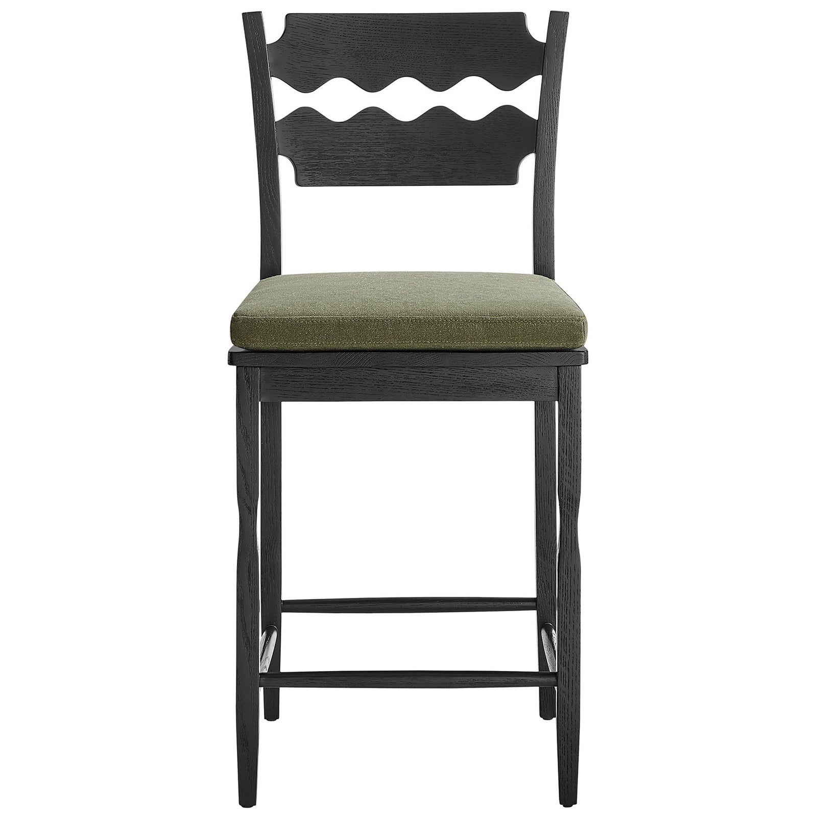 Black oak counter stool with wavy razor-back and sage cushion, grounded by sturdy footrest stretchers || EEI-7518-BLK-SGE || front_studio