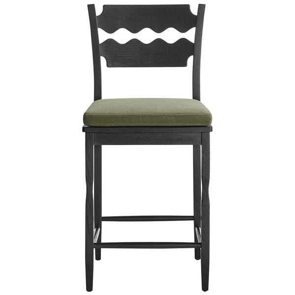 Black oak counter stool with wavy razor-back and sage cushion, grounded by sturdy footrest stretchers || EEI-7518-BLK-SGE || front_studio