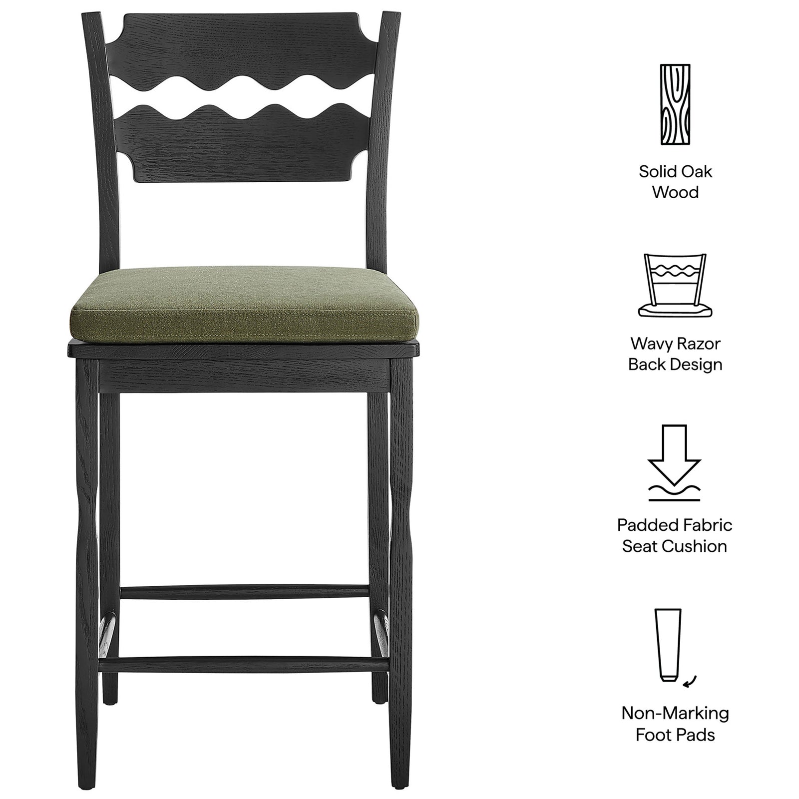 Key features highlighted: solid oak, wavy back, padded cushion, and non-marking foot pads || EEI-7518-BLK-SGE || callout_studio