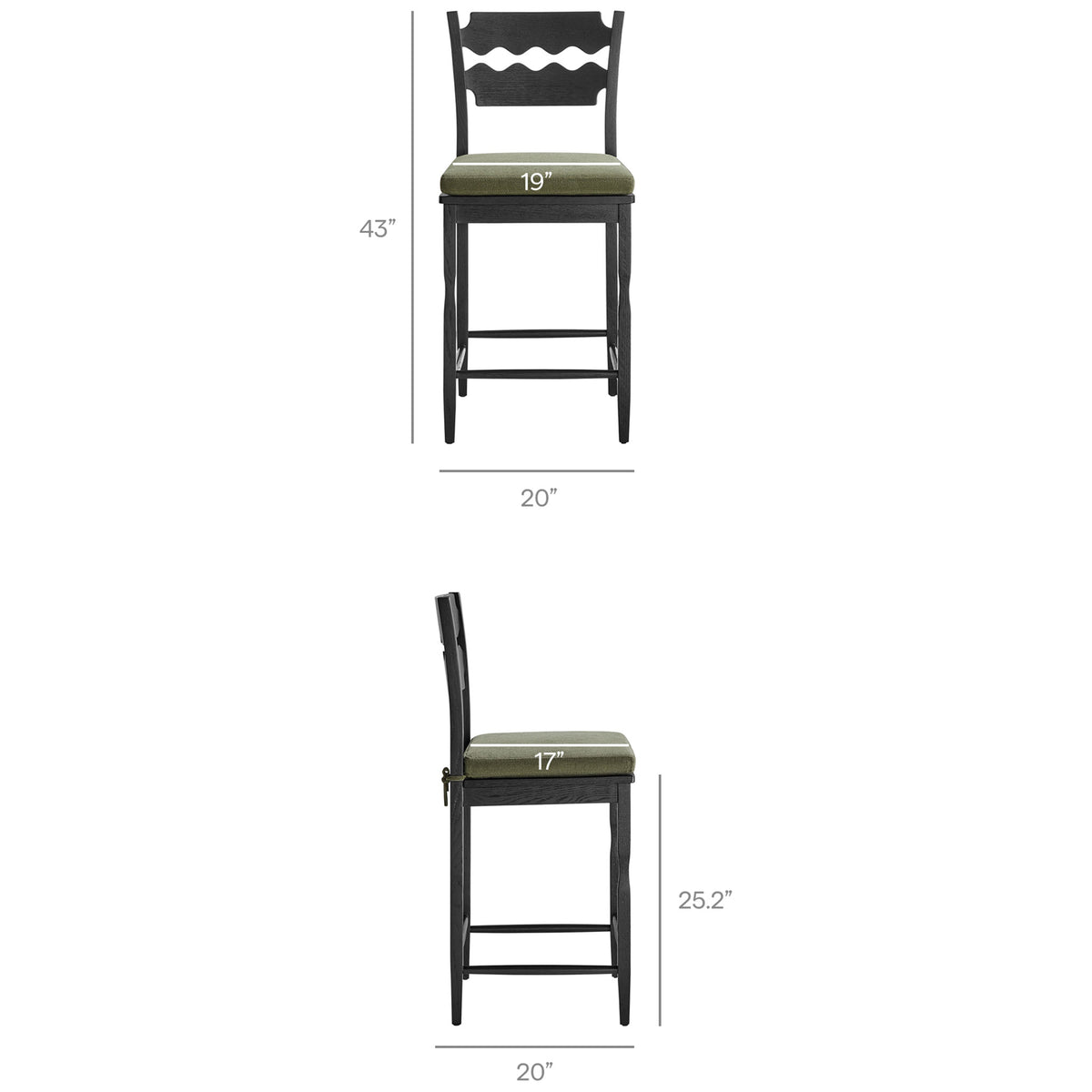 Dimensions overlay shows overall size and seat measurements for the counter stool || EEI-7518-BLK-SGE || dimension_studio