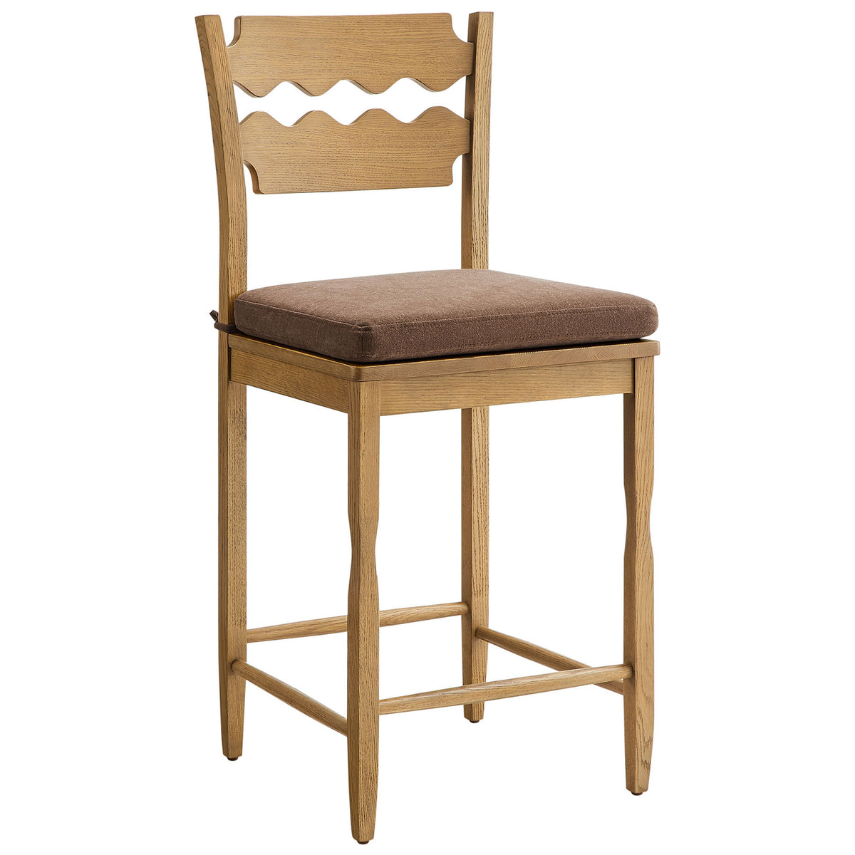 Weathered oak counter stool pairs a sculpted razor-back with a plush cocoa seat || EEI-7518-WOA-COA || front_angle_studio