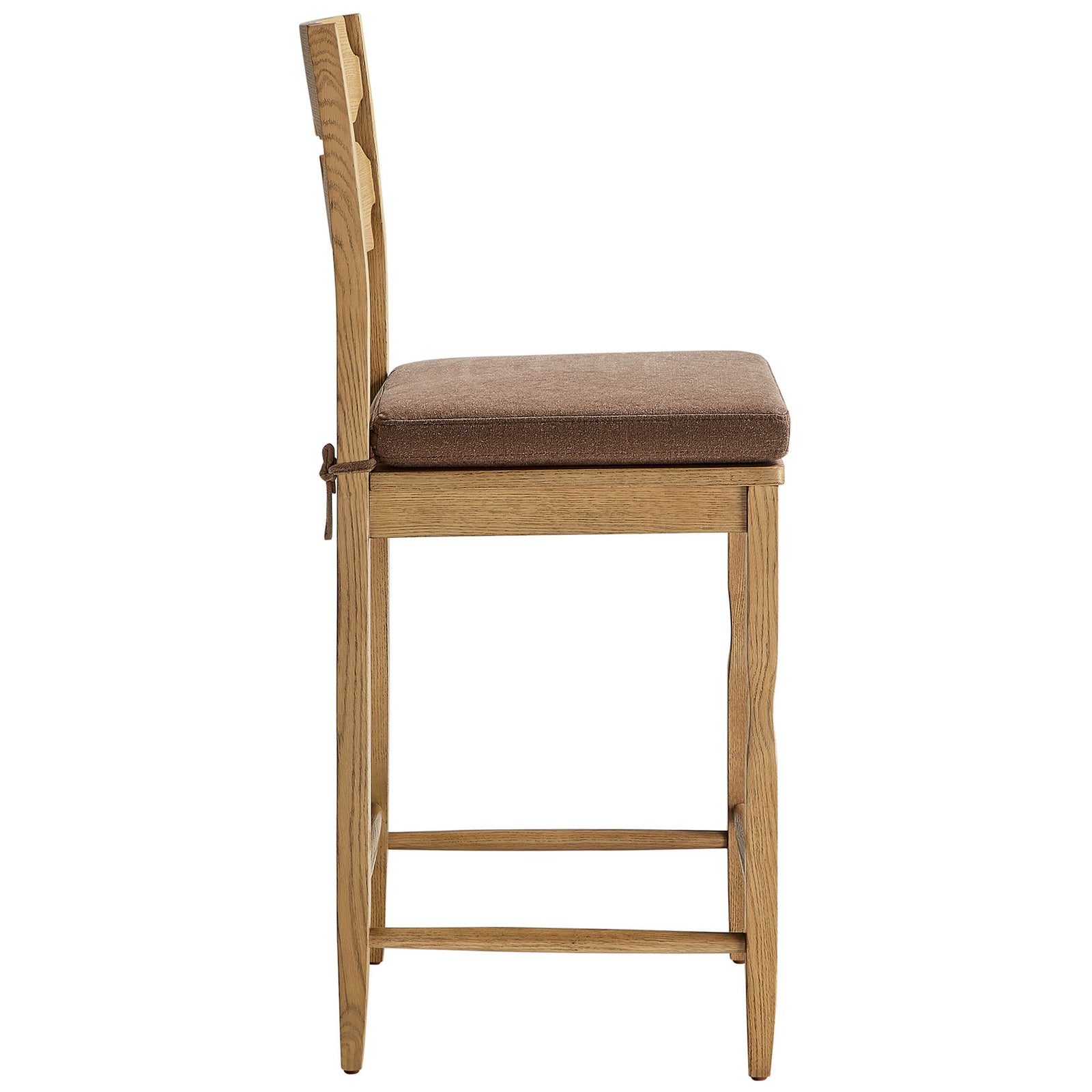 Slim oak frame with curved legs and a comfy padded seat for everyday counter seating || EEI-7518-WOA-COA || side_studio