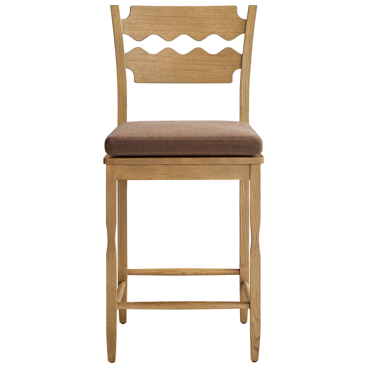 Counter stool with wavy oak back and cocoa tie-on cushion on a sturdy stretcher base || EEI-7518-WOA-COA || front_studio