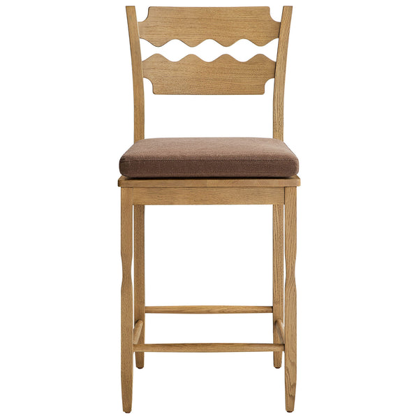 Counter stool with wavy oak back and cocoa tie-on cushion on a sturdy stretcher base || EEI-7518-WOA-COA || front_studio