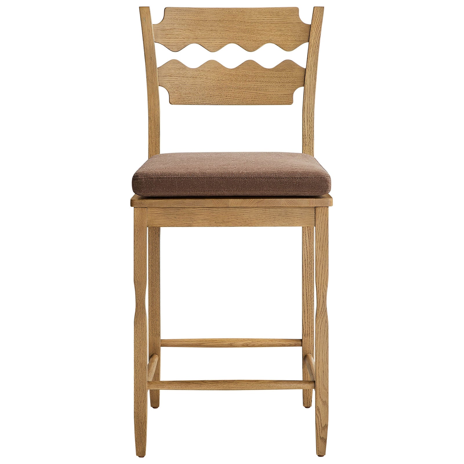 Counter stool with wavy oak back and cocoa tie-on cushion on a sturdy stretcher base || EEI-7518-WOA-COA || front_studio