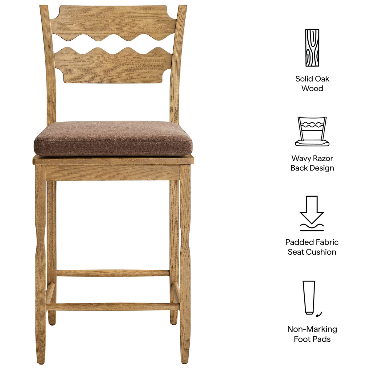 Key features highlight solid oak build, wavy back, padded seat, and floor-friendly foot pads || EEI-7518-WOA-COA || callout_studio