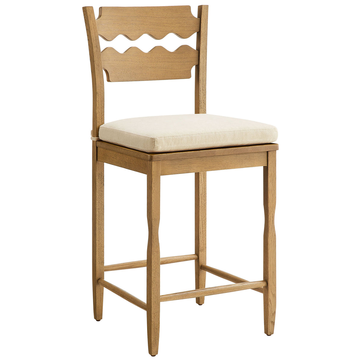 Airy counter stool with sculpted oak frame, wavy backrest, and padded seat || EEI-7518-WOA-LIN || front_angle_studio