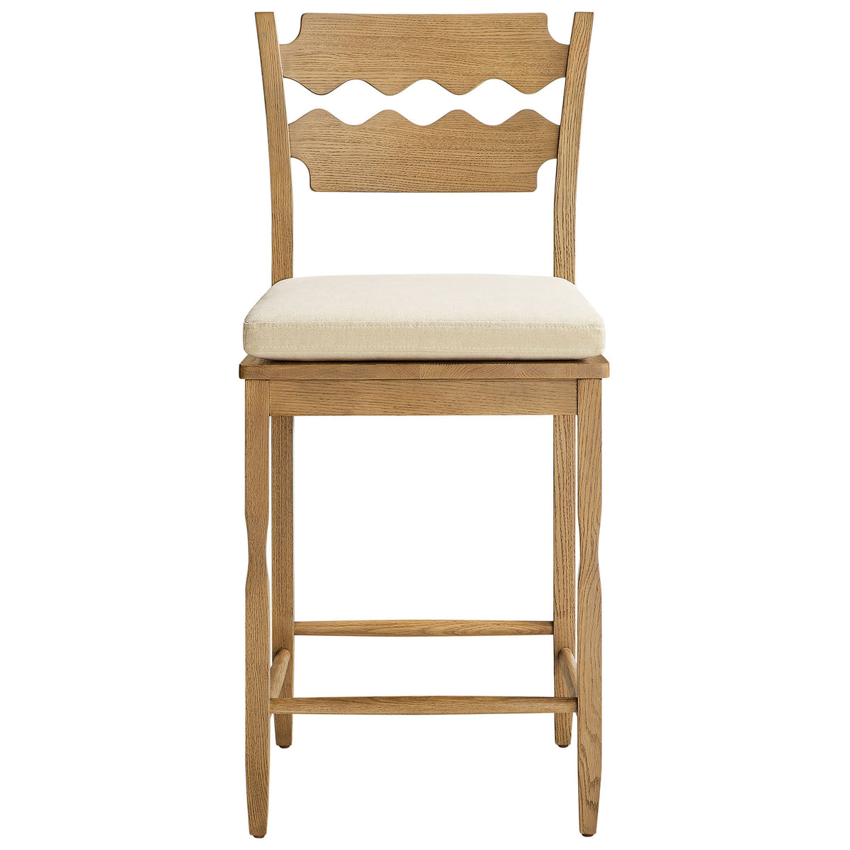 Counter stool in weathered oak with wavy slat back and cushioned linen seat || EEI-7518-WOA-LIN || front_studio