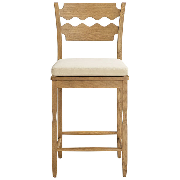 Counter stool in weathered oak with wavy slat back and cushioned linen seat || EEI-7518-WOA-LIN || front_studio
