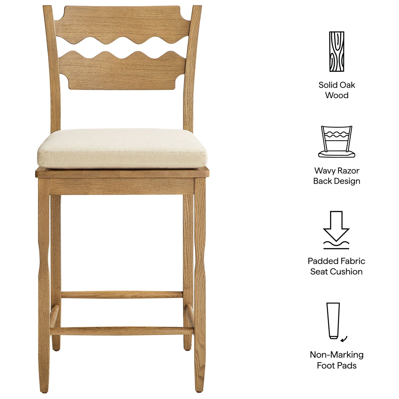 Solid oak counter stool with padded seat, wavy back design, and non-marking foot pads || EEI-7518-WOA-LIN || callout_studio