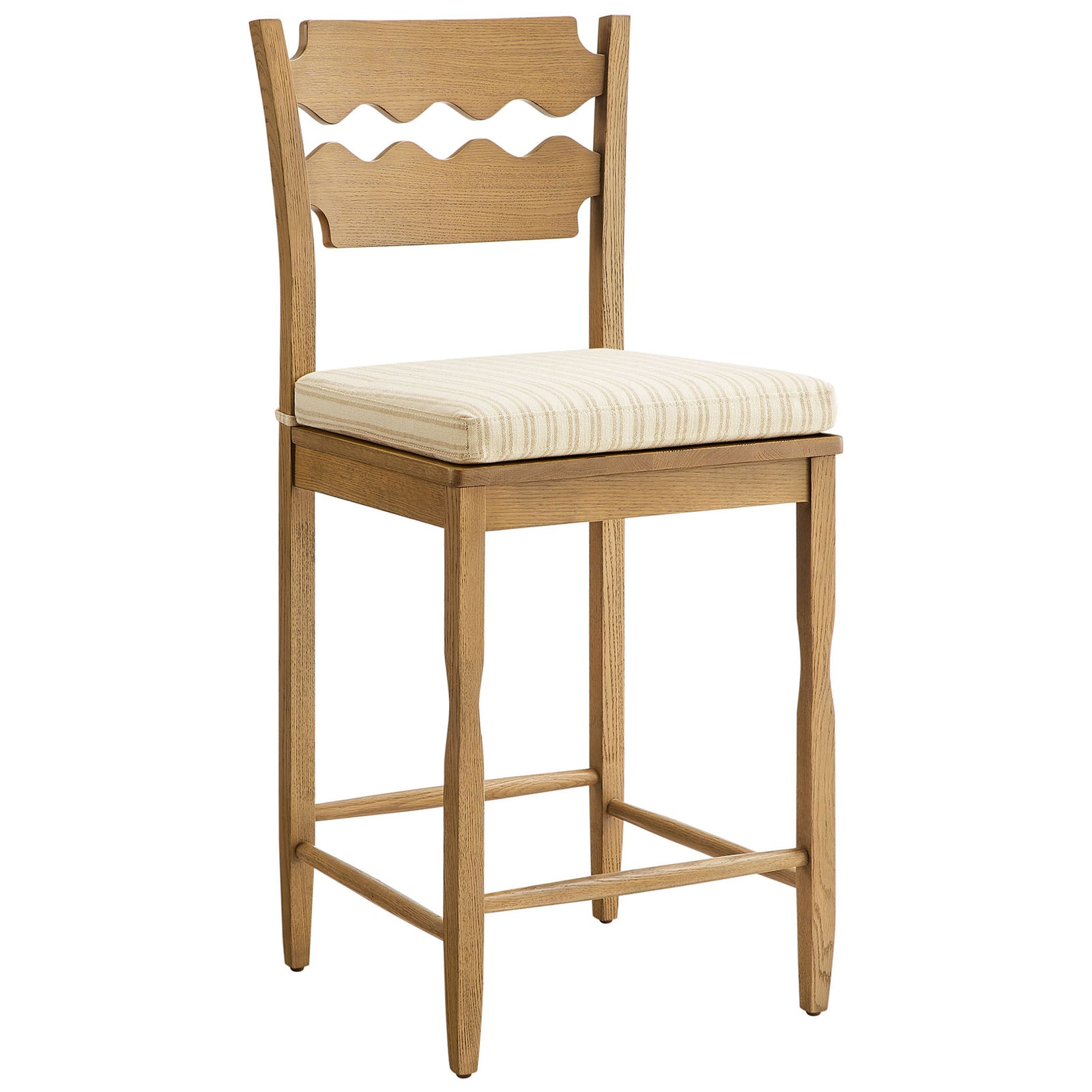 Oak counter stool with sculpted legs, tie-on striped cushion, and a supportive footrest. || EEI-7518-WOA-OAS || front_angle_studio
