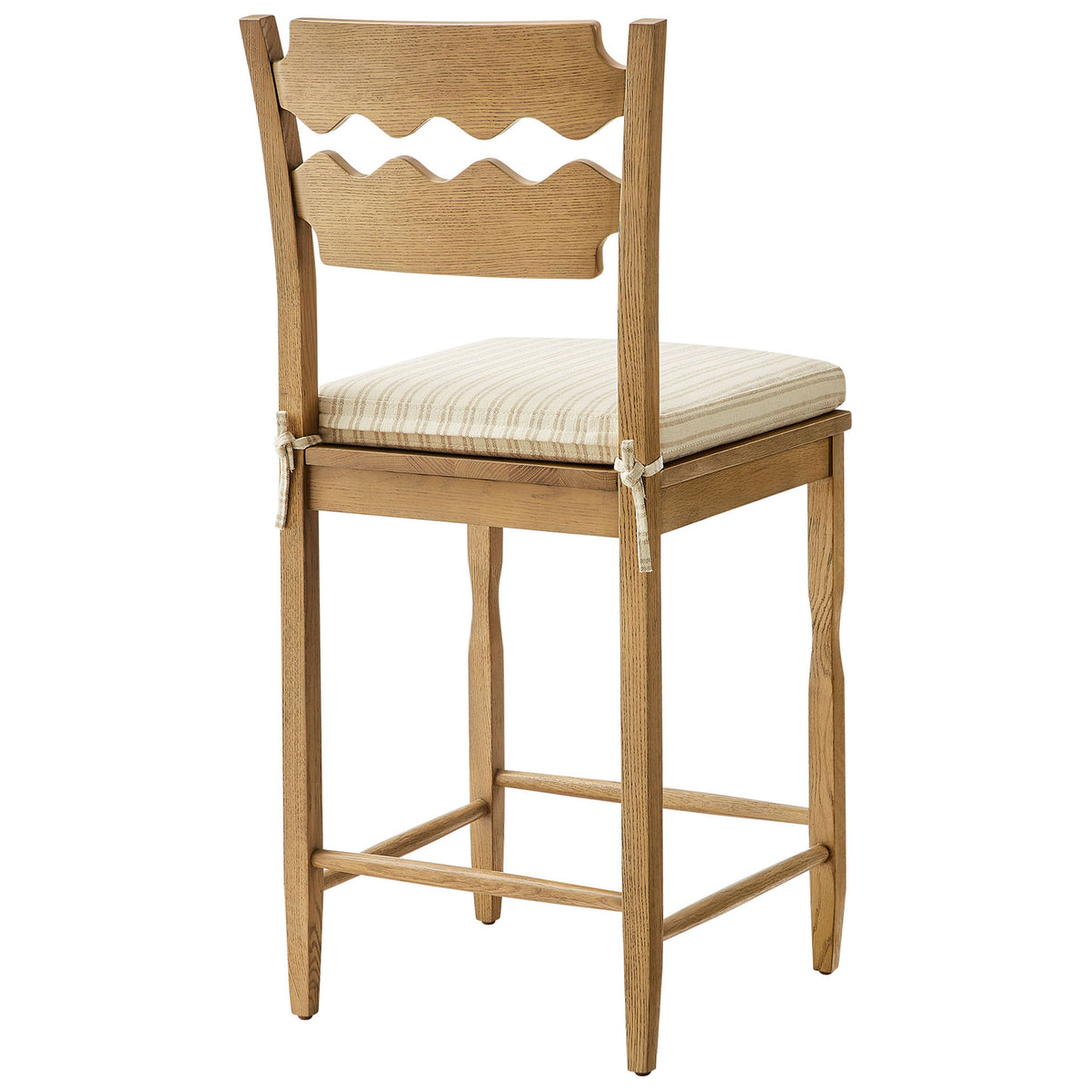 Distinctive wavy back slats and gently tapered legs add character to this counter stool. || EEI-7518-WOA-OAS || back_angle_studio