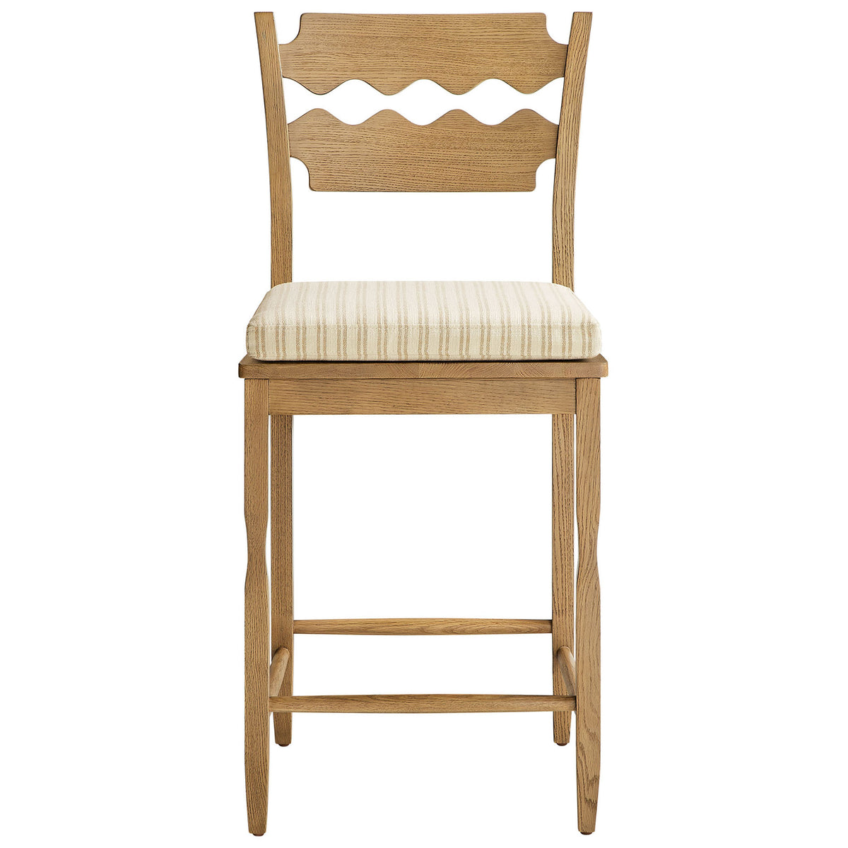 Solid oak counter stool with wavy razor-back and striped cushion for timeless kitchen style. || EEI-7518-WOA-OAS || front_studio