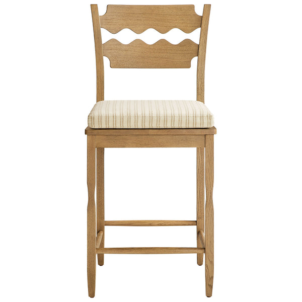 Solid oak counter stool with wavy razor-back and striped cushion for timeless kitchen style. || EEI-7518-WOA-OAS || front_studio