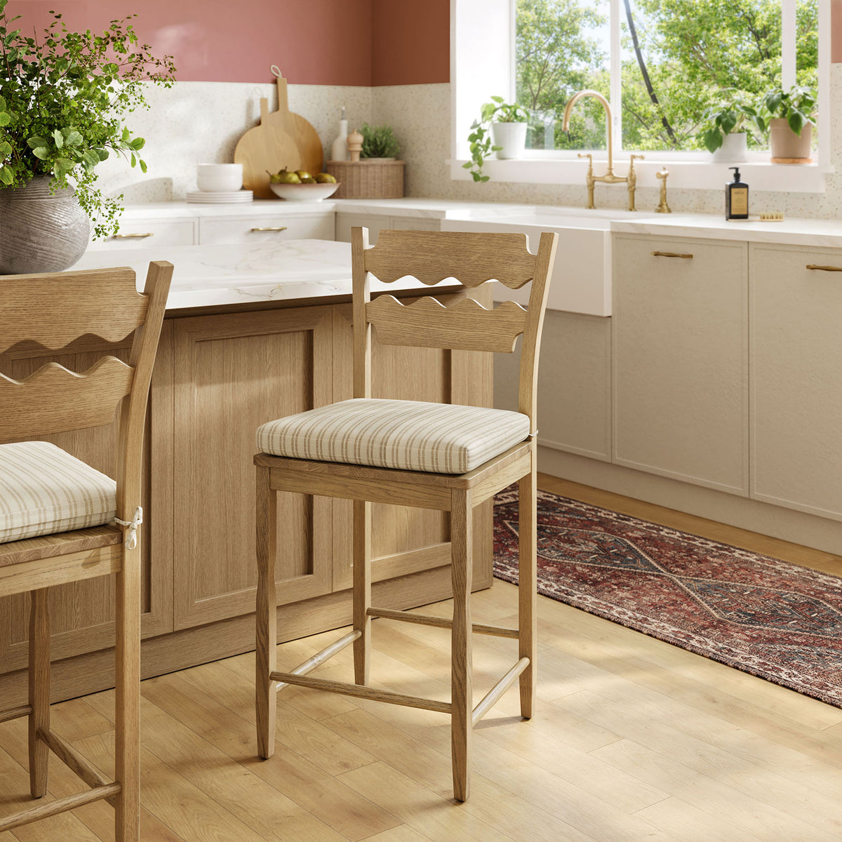 Warm weathered oak and a tailored striped seat elevate everyday kitchen seating. || EEI-7518-WOA-OAS || front_angle_room