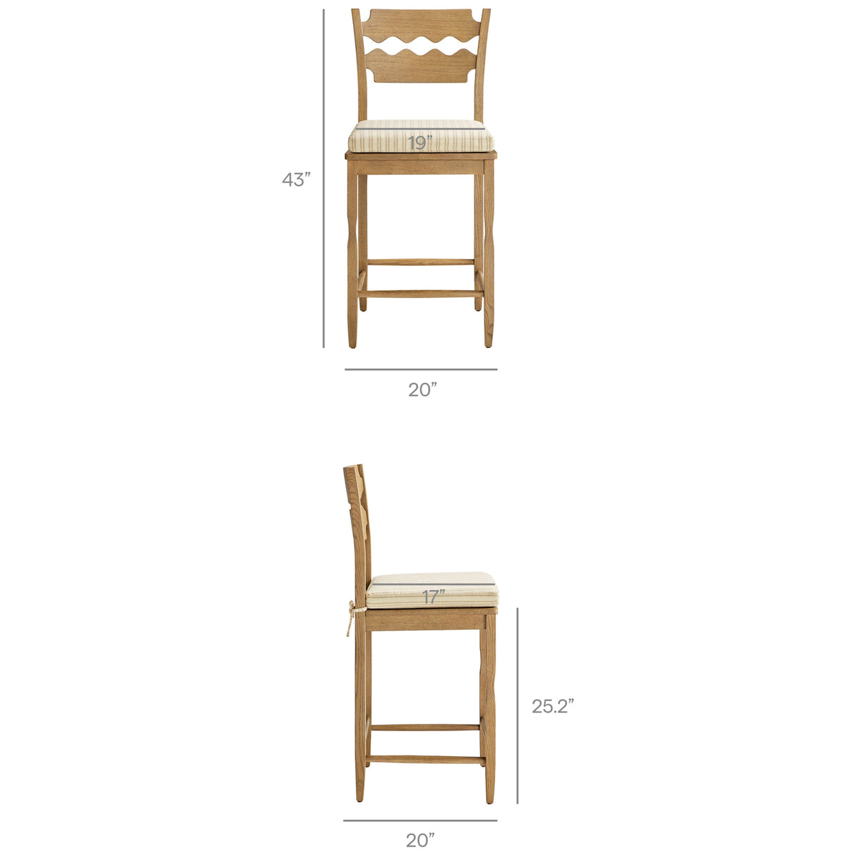 Key measurements for the oak counter stool with wavy back and striped cushion. || EEI-7518-WOA-OAS || dimension_studio