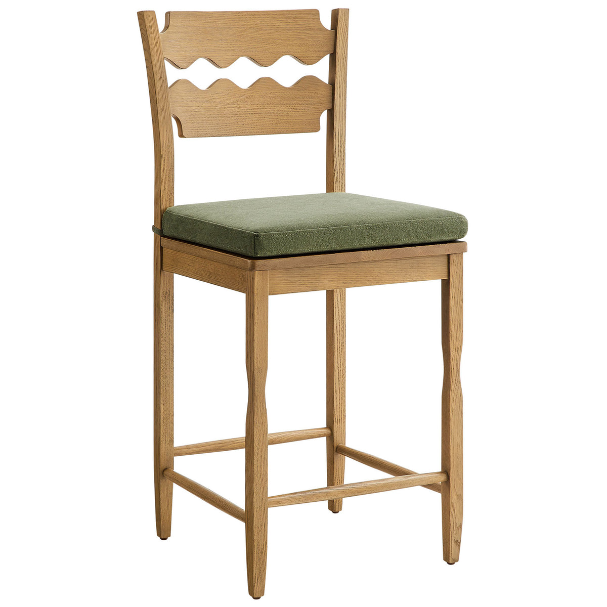 Solid oak stool with sculpted wavy backrest and supportive sage fabric seat || EEI-7518-WOA-SGE || front_angle_studio