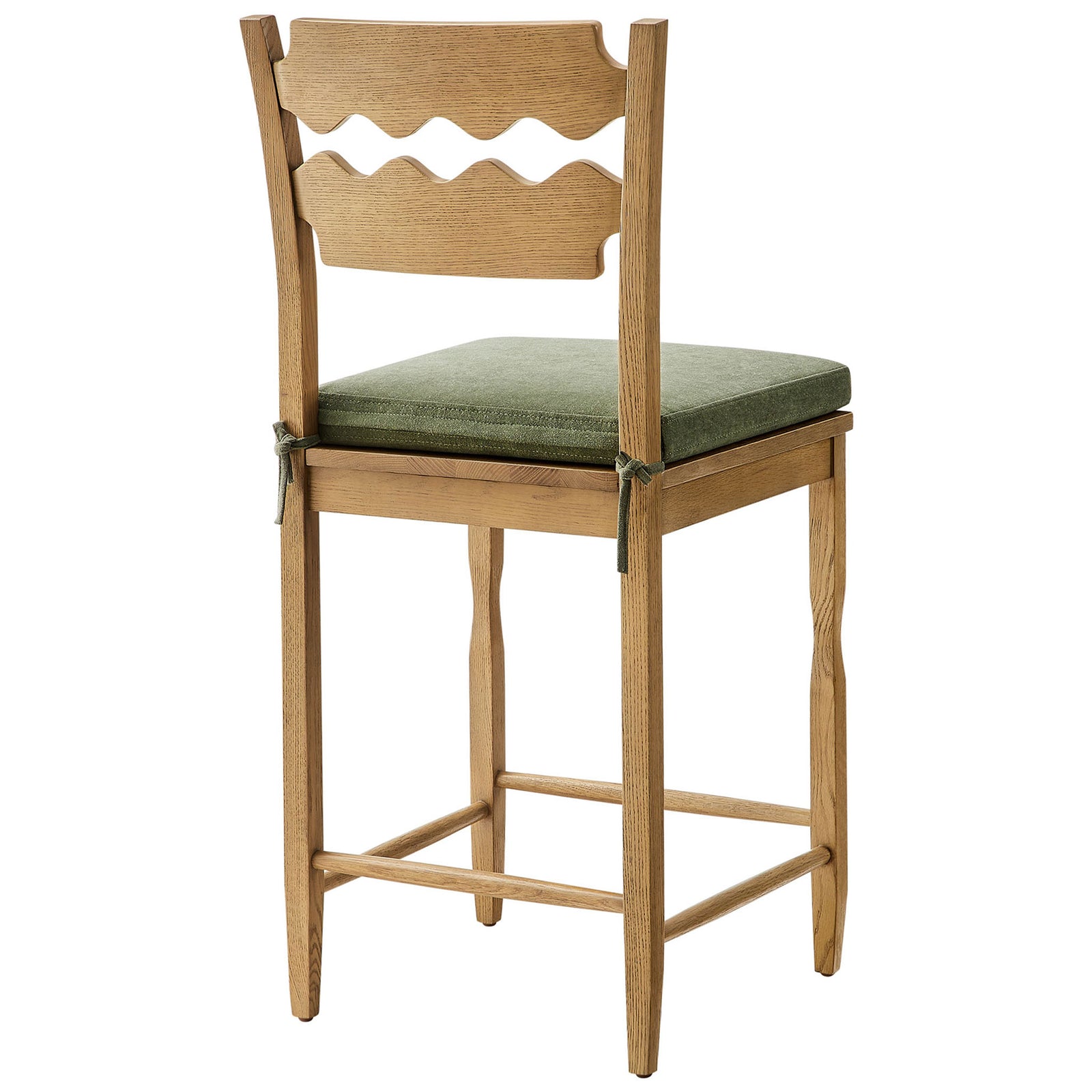 Distinctive double-wave back slats in natural oak with matching sage seat pad || EEI-7518-WOA-SGE || back_angle_studio