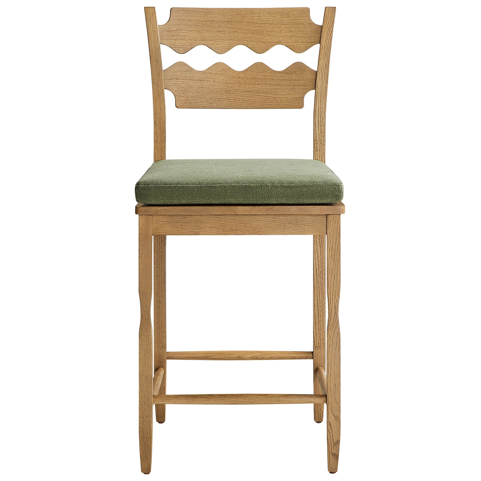 Weathered oak stool with signature wavy razor-back and sage green tie-on cushion || EEI-7518-WOA-SGE || front_studio
