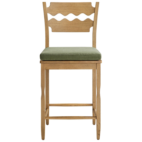 Weathered oak stool with signature wavy razor-back and sage green tie-on cushion || EEI-7518-WOA-SGE || front_studio