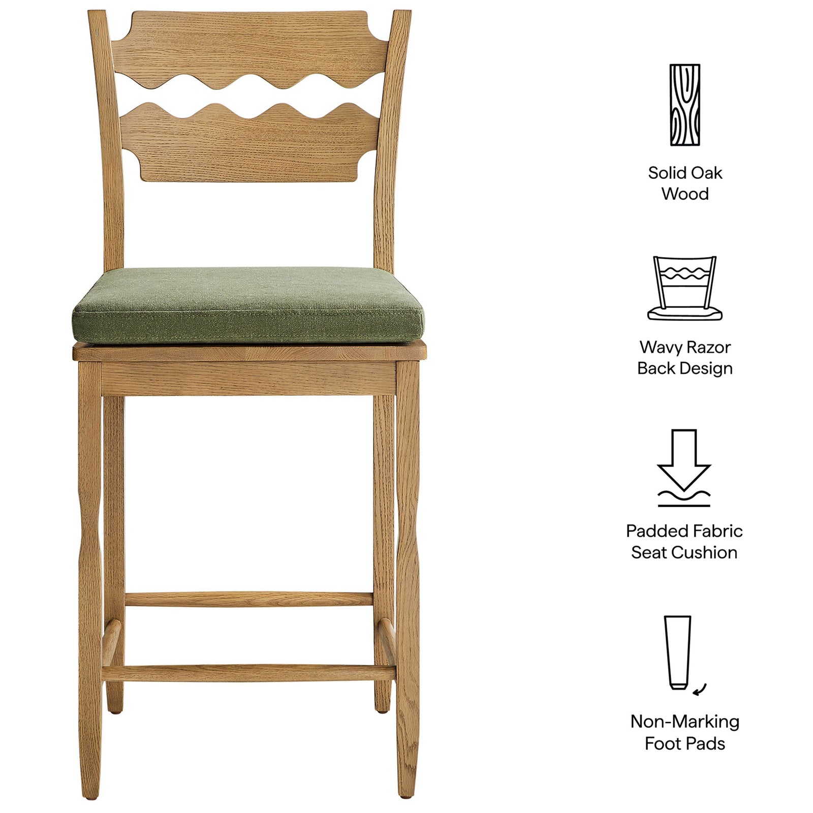 Key features: solid oak wood, wavy razor-back, padded fabric seat, non-marking foot pads || EEI-7518-WOA-SGE || callout_studio