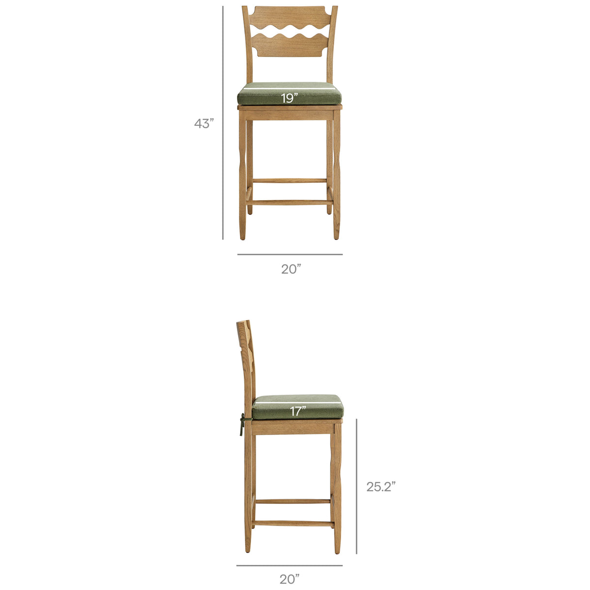 Dimensions for the Jax stool with seat and overall measurements labeled || EEI-7518-WOA-SGE || dimension_studio