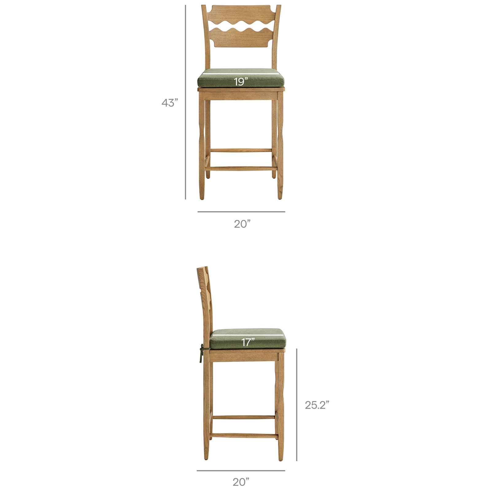 Dimensions for the Jax stool with seat and overall measurements labeled || EEI-7518-WOA-SGE || dimension_studio