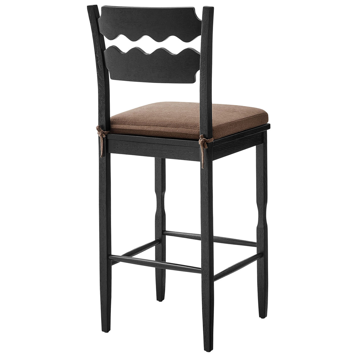 Wavy dual-slat back and tie-on cushion detail on a sturdy black oak bar stool || EEI-7519-BLK-COA || back_angle_studio