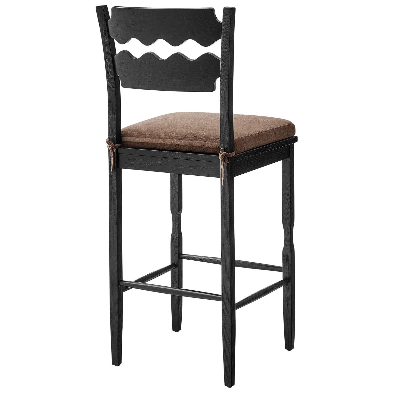 Wavy dual-slat back and tie-on cushion detail on a sturdy black oak bar stool || EEI-7519-BLK-COA || back_angle_studio