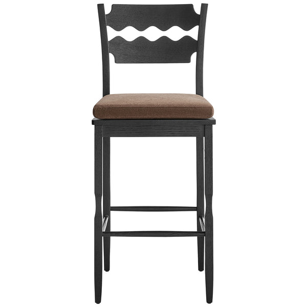 Black oak bar stool with wavy razor-back and cocoa cushion, supportive stretchers, and timeless lines || EEI-7519-BLK-COA || front_studio