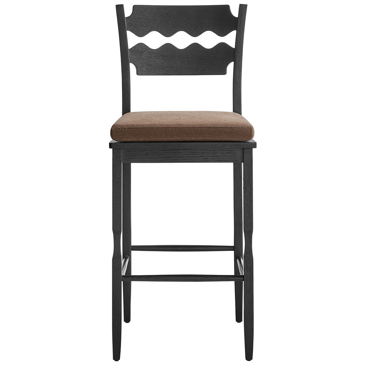 Black oak bar stool with wavy razor-back and cocoa cushion, supportive stretchers, and timeless lines || EEI-7519-BLK-COA || front_studio