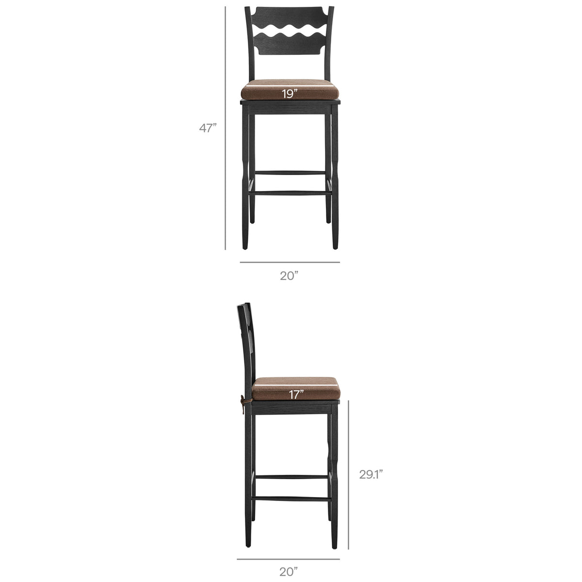 Bar stool dimensions listing overall height and seat measurements for a perfect fit || EEI-7519-BLK-COA || dimension_studio