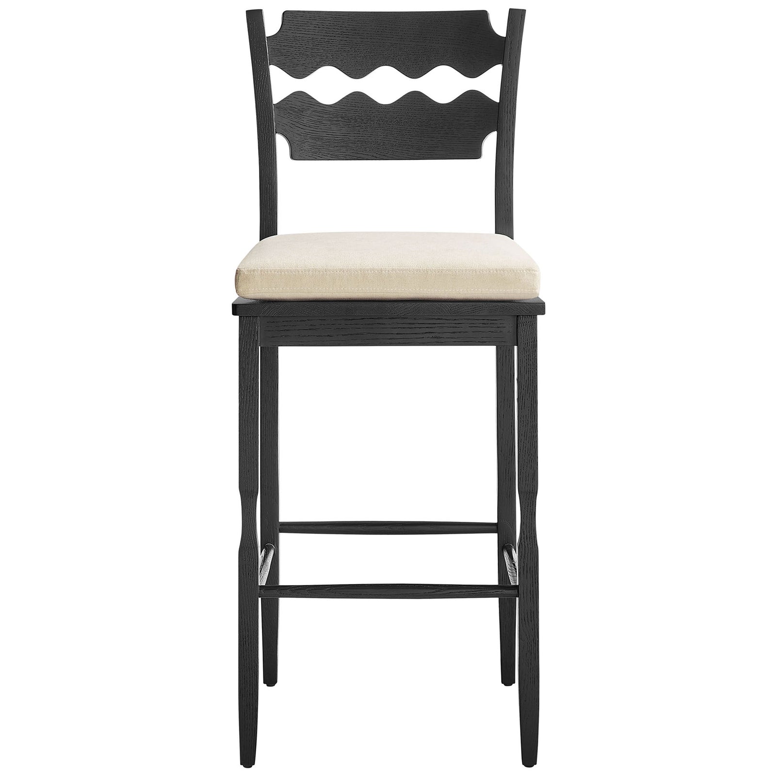 Solid oak bar stool pairs a striking wavy razor-back with a thick, tie-on fabric cushion || EEI-7519-BLK-LIN || front_studio