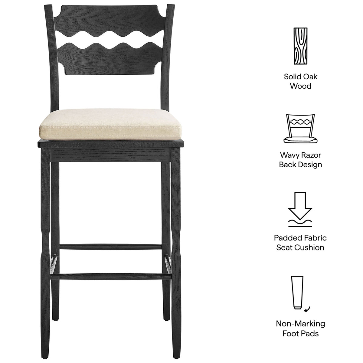 Highlights: solid oak build, wavy razor-back, padded seat, and non-marking foot pads || EEI-7519-BLK-LIN || callout_studio
