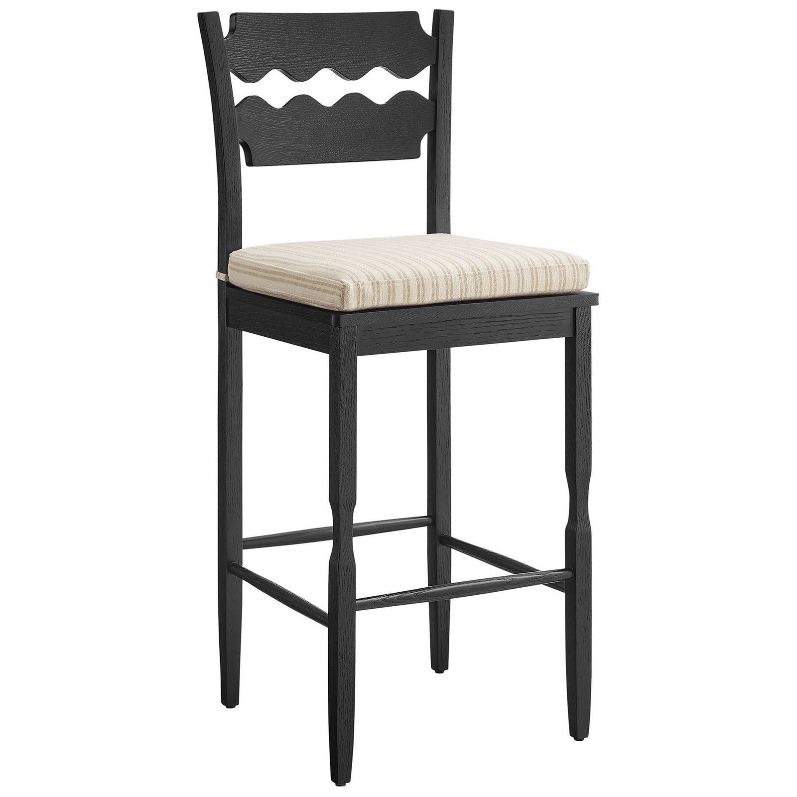 Elegant wavy backrest and four-sided stretcher base with a comfortable striped cushion. || EEI-7519-BLK-OAS || front_angle_studio