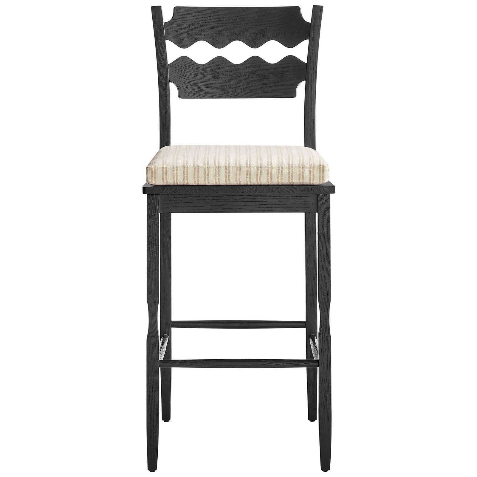Black oak stool features the signature wavy back and striped oatmeal cushion. || EEI-7519-BLK-OAS || front_studio