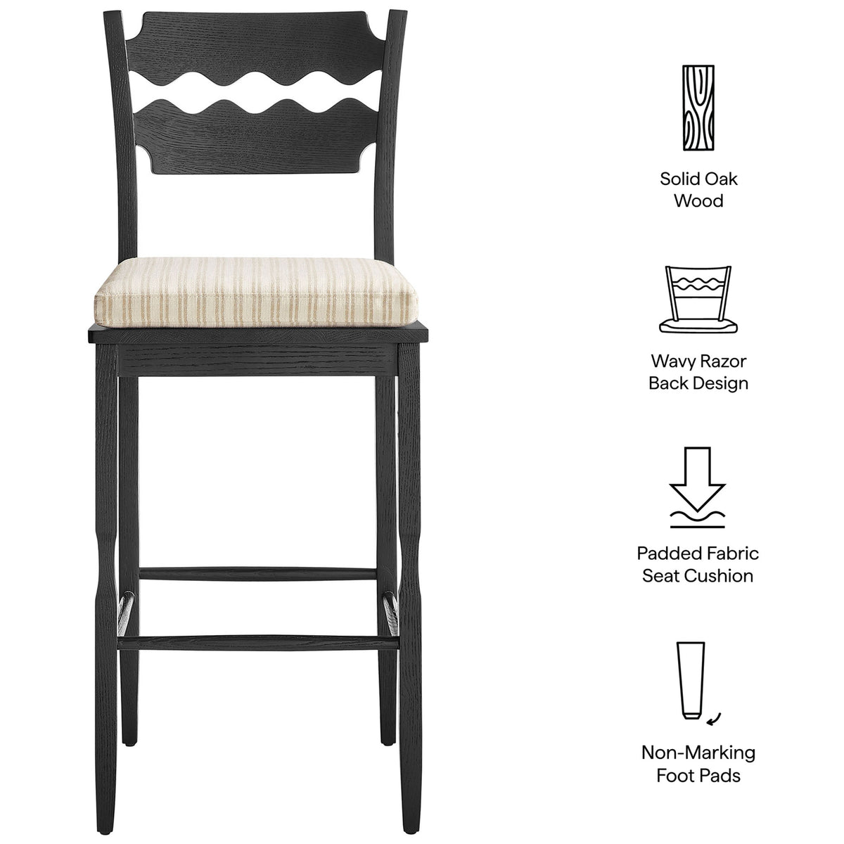 Feature highlights: solid oak wood, wavy back design, padded seat cushion, non-marking foot pads. || EEI-7519-BLK-OAS || callout_studio