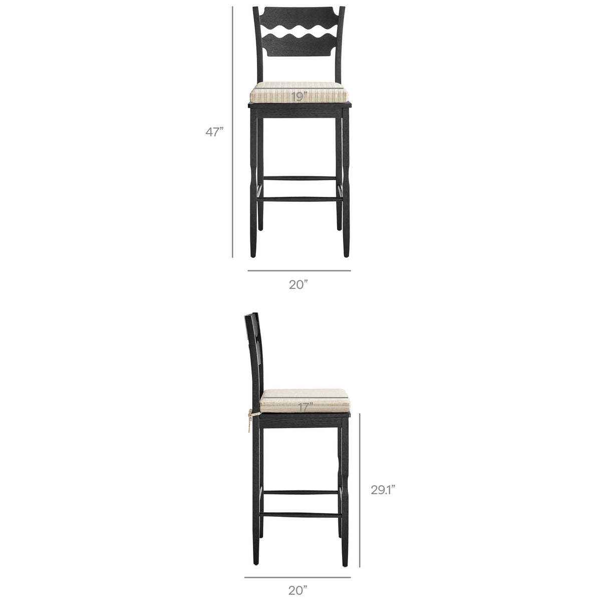 Overall and seat dimensions provided for easy sizing. || EEI-7519-BLK-OAS || dimension_studio