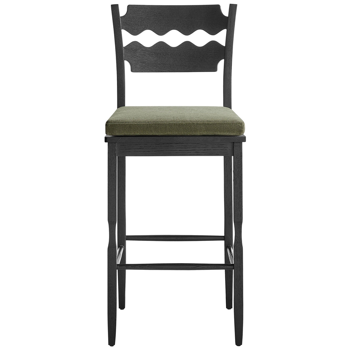 Black oak bar stool with wavy razor-back and sage cushion, grounded by sturdy footrest stretchers || EEI-7519-BLK-SGE || front_studio