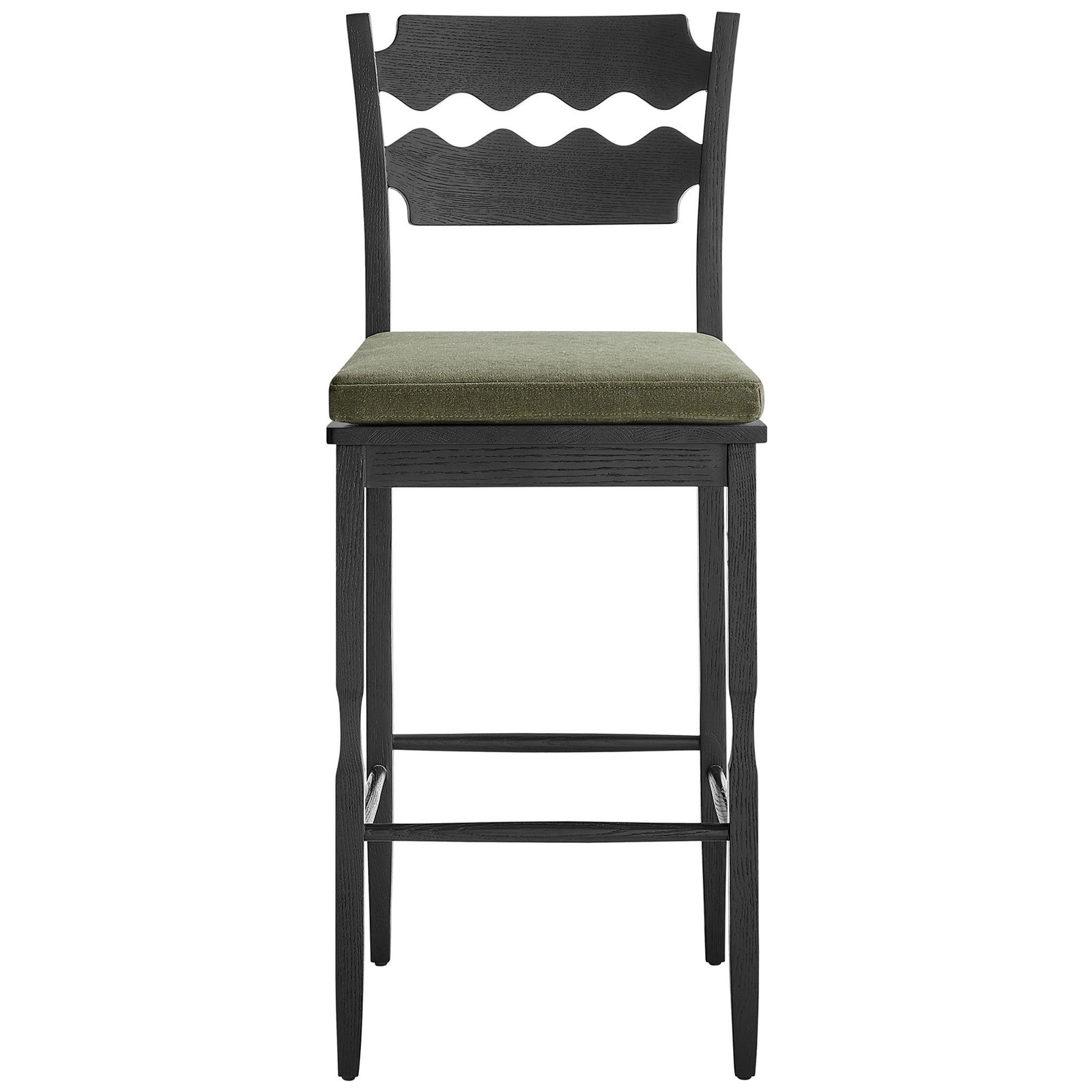 Black oak bar stool with wavy razor-back and sage cushion, grounded by sturdy footrest stretchers || EEI-7519-BLK-SGE || front_studio