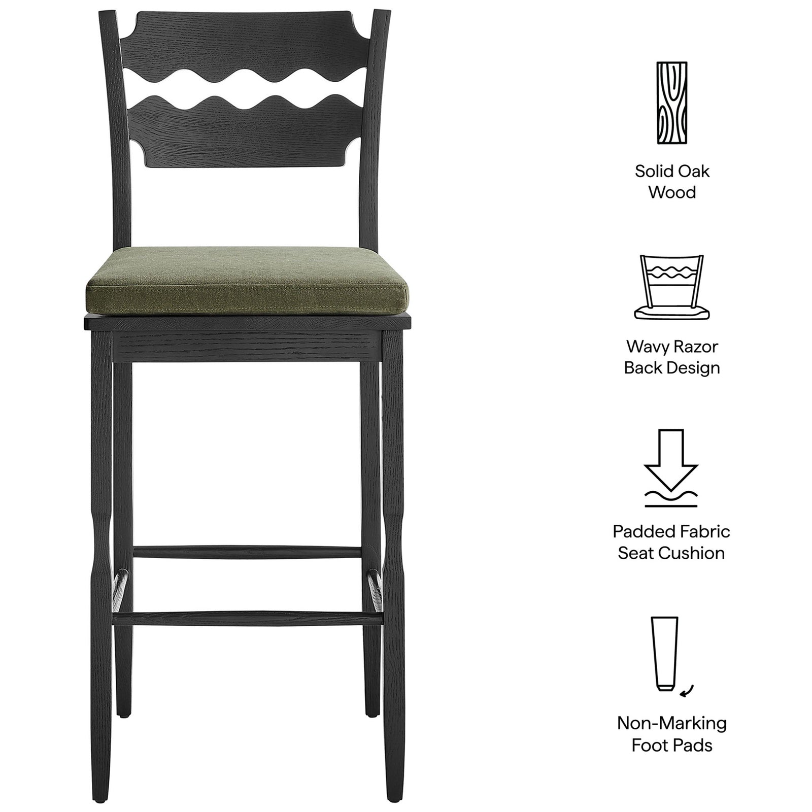 Feature callouts show solid oak build, wave-back, padded cushion, and floor-friendly pads || EEI-7519-BLK-SGE || callout_studio