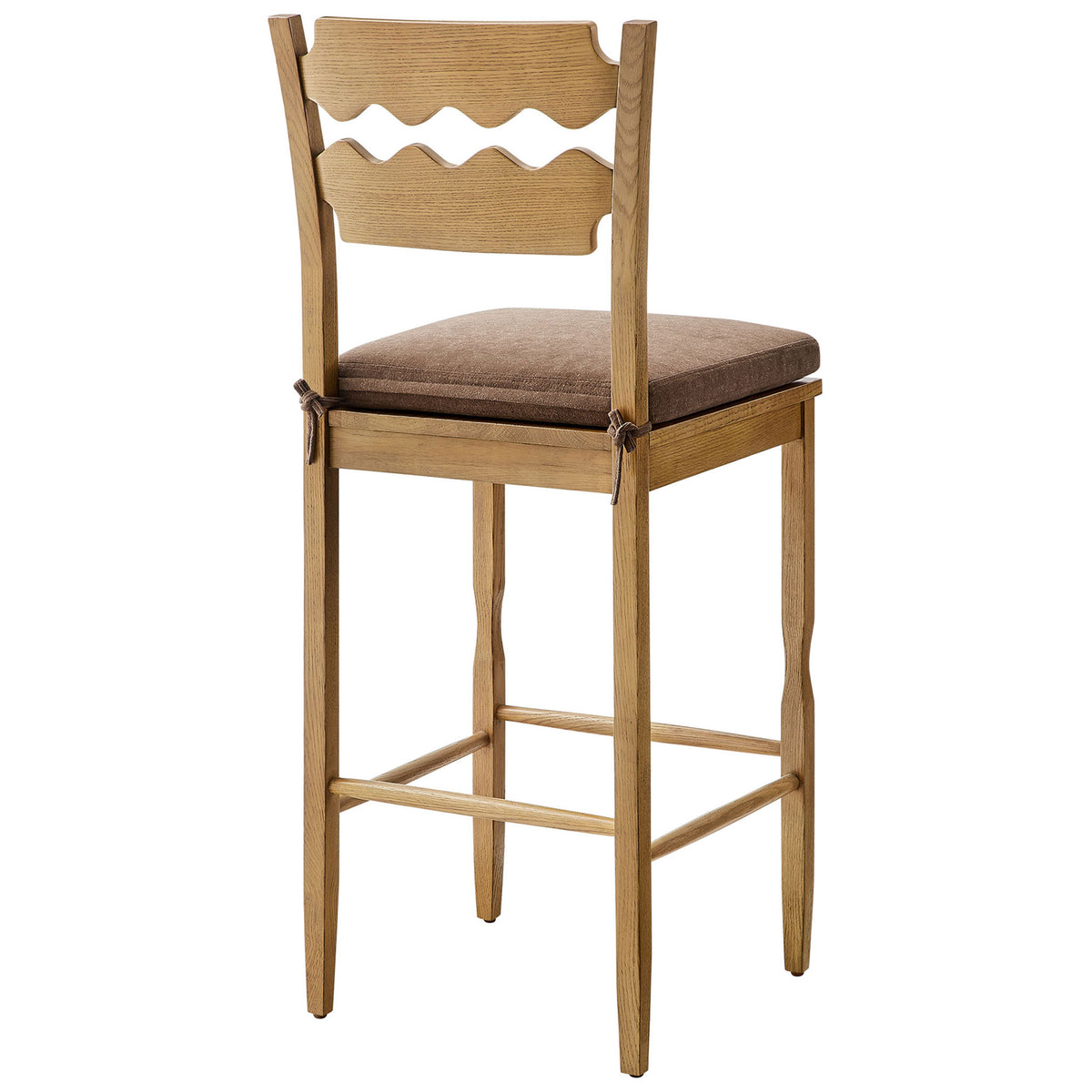 Curvy slatted back and secure cushion ties accent the sturdy bar stool frame || EEI-7519-WOA-COA || back_angle_studio