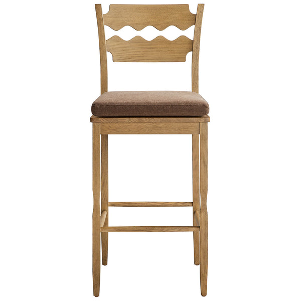 Bar stool with signature wavy oak back and cocoa cushion atop a stable stretcher base || EEI-7519-WOA-COA || front_studio